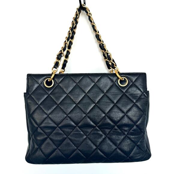 Authentic Chanel Lambskin Shopping Tote Quilted Shoulder Bag Gold Black Chain - Picture 2 of 10